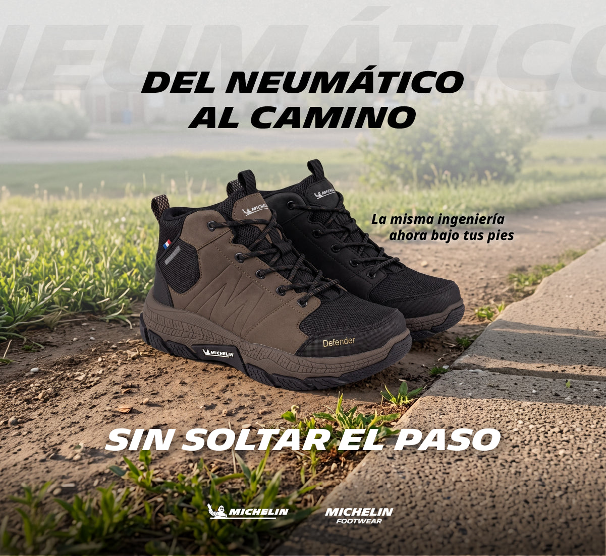 Dos pares de botines Defender DF11, uno café y uno negro, sobre el borde de una acera junto al pasto. Calzado con ingeniería de neumáticos Michelin para un paso firme